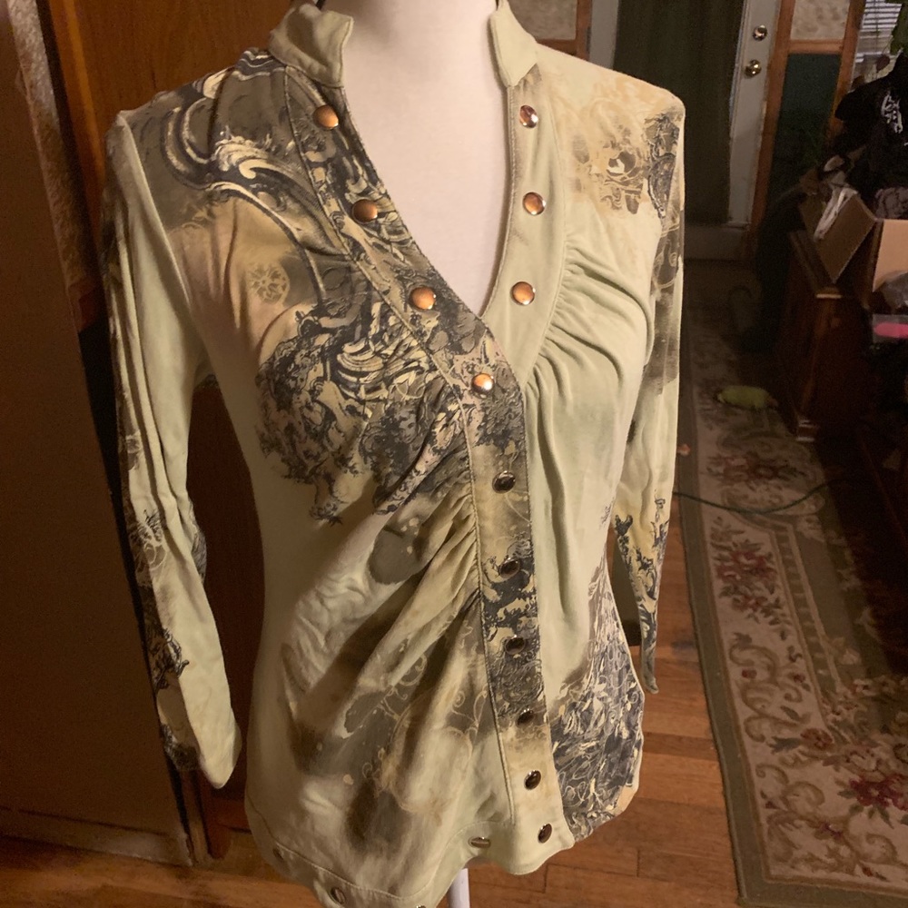 Green Blouse with Gold Buttons